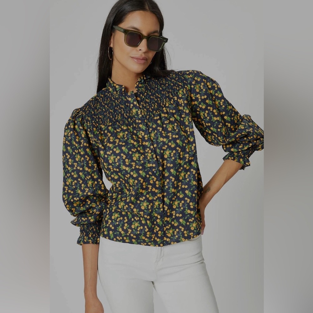 The Shirt by Rochelle Behrens Nicole top in  navy/orange smocking, long sleeve